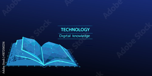 An open book with a digital polygonal design and the word technology