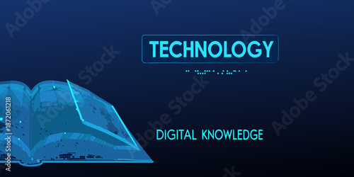 Technology and digital knowledge illustrated with an open book and abstract shapes