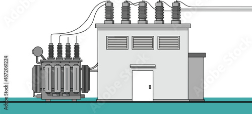 Flat Illustration of an Electrical Power Substation with High Voltage Transformer and Distribution Building for Energy Utility and Infrastructure Industry Concepts