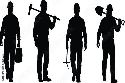 Set of construction worker silhouettes wearing hard hats and carrying tools like shovels and picks for industrial and building projects,
