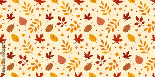 A seamless pattern featuring colorful autumn leaves and delicate sprigs