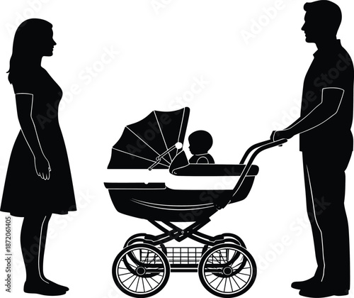 Silhouette of a mother and father with a baby in a stroller isolated on white background for family and parenting.