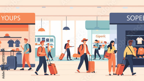Airport Shopping Scene Travelers Browsing Stores with Luggage.