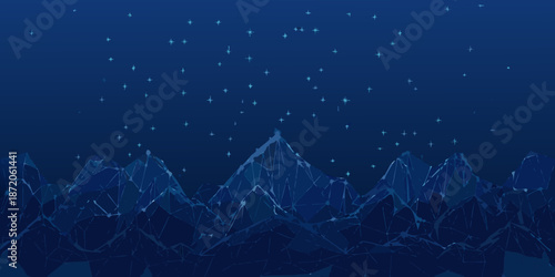 Nighttime mountain landscape with a starry sky illustrated in a simple style
