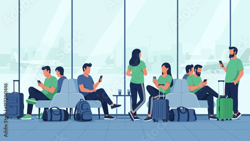 Airport Waiting Area Illustration Passengers Using Mobile Devices.