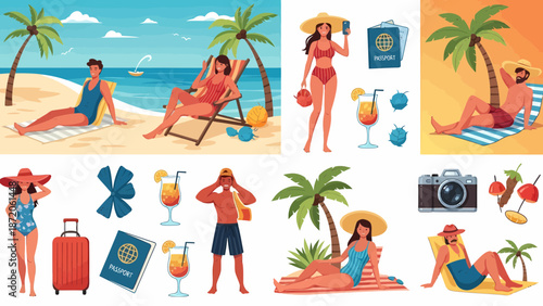 Beach vacation scene with people palm trees and summer accessories.