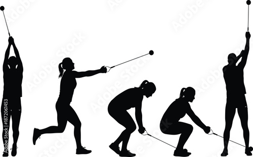 Silhouettes of male and female athletes performing cable machine exercises, functional training, gym workouts, and resistance strength training on white background.