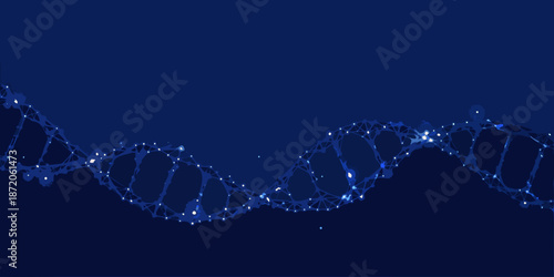 Abstract blue dna structure with glowing points on a dark background