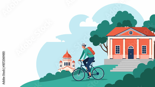 Cyclist Riding Past Buildings in a Scenic Landscape Illustration.