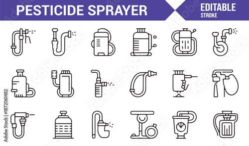 Agricultural spraying equipment icons set for farming, gardening and pesticide application