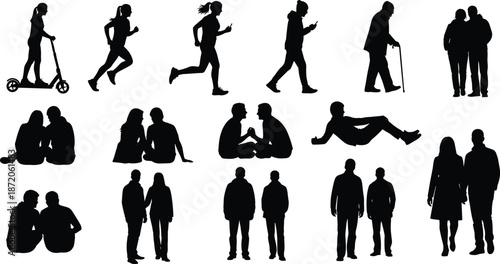 Set of people silhouettes including runners, couples sitting, elderly man with cane, scooter rider, and friends walking for lifestyle graphic design