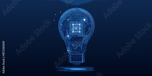 A digital lightbulb concept with a glowing interior and a dark background