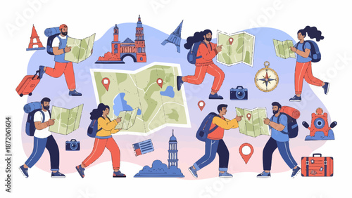 Diverse Group of Travelers Exploring World Landmarks with Maps.