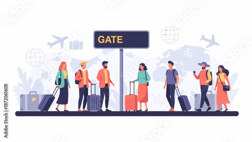 Diverse Group of Travelers Waiting at Airport Gate.