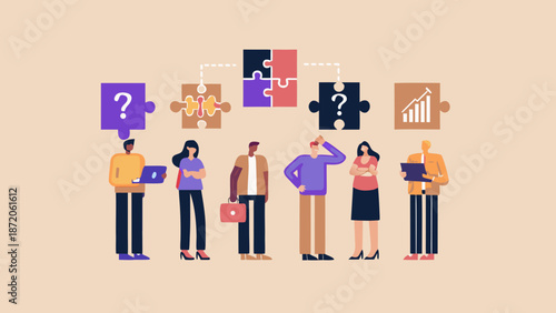 People contemplating puzzle pieces and solutions representing problem solving concepts