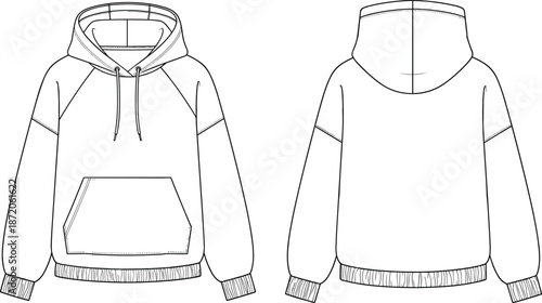 Blank Oversized Hoodie Technical Sketch Template with Front and Back View White Sweatshirt Hooded Pullover Mockup for Fashion Design Illustration