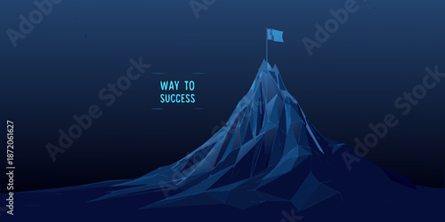 A polygonal mountain peak with a flag and motivational text displayed
