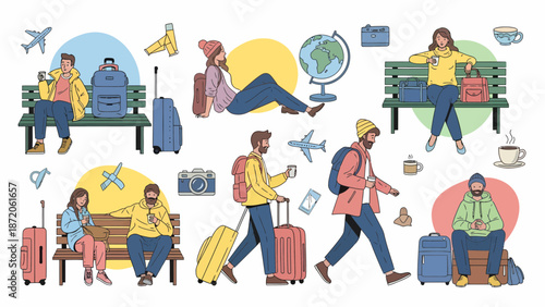 Diverse Travelers in Various Poses and Activities.