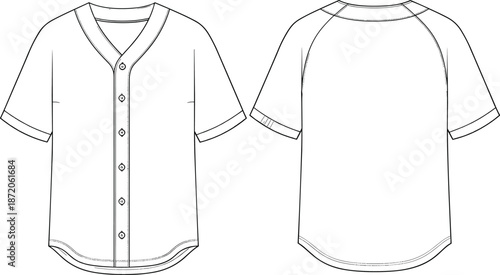 Blank Baseball Jersey Technical Sketch Template with Front and Back View White Sportswear Button Down Shirt Mockup for Fashion Design Illustration