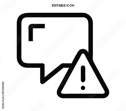 A black line icon depicting a speech bubble with an exclamation point and warning sign