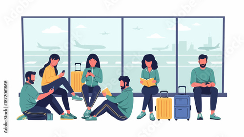 People Waiting at Airport Terminal with Luggage and Devices.