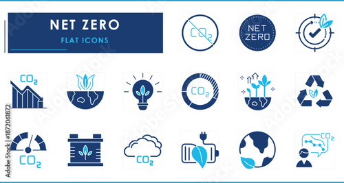 A set of flat icons related to net zero. Carbon, neutral, green, energy, conservation, recycle, carbon dioxide, fresh, environment, and so on.