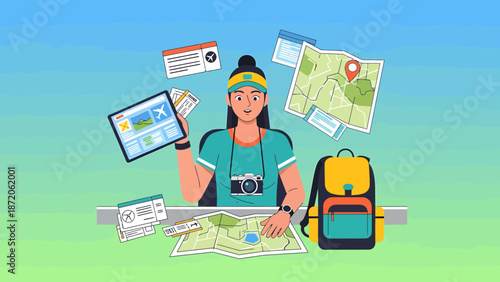 Woman planning travel adventure with maps and digital devices.