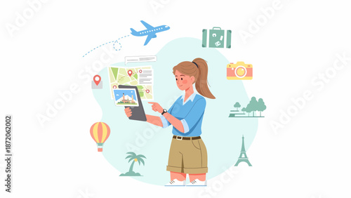Woman planning travel destinations with digital tablet and travel icons.