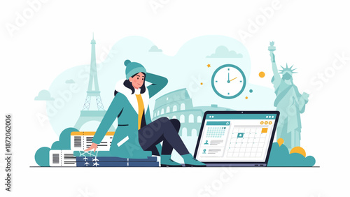 Woman planning travel with laptop landmarks in background travel concept.