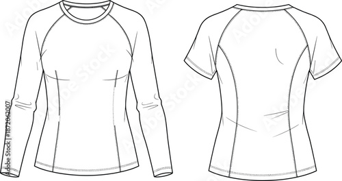 Technical fashion sketch showing front and back views of women’s long and short sleeve performance shirts for athletic apparel design mockup