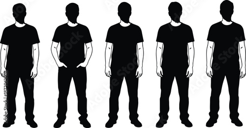Set of black male silhouettes wearing casual t-shirts and jeans in various standing poses isolated on a plain white background for design