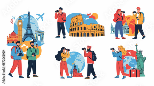 World Travelers Illustrated Tourists Visiting Iconic Landmarks.