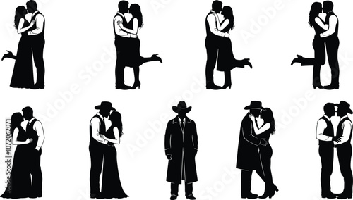 Collection of romantic couple silhouettes featuring western cowboys and formal lovers in various hugging and kissing poses isolated on white background