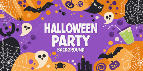 A playful halloween party background featuring ghosts bats spiders and pumpkins
