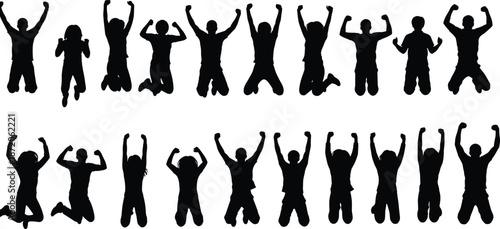 Black silhouettes set of happy people jumping in the air with raised hands for success joy celebration and freedom concepts
