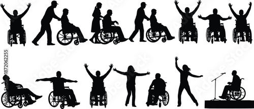 Black silhouettes set of people in wheelchairs celebrating being active and receiving assistance for disability inclusion diversity and accessibility life concepts