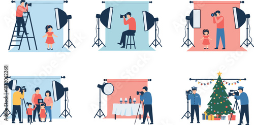 Professional photographers working in studio with lighting equipment taking photos of families children products and Christmas events in flat vector style