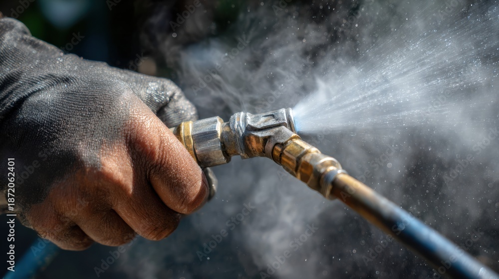 Obraz premium Medium shot of a hand repairing a leaking pressure washer hose water spraying as the connection is tightened to restore full pressure power.