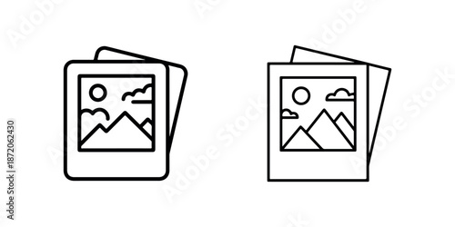 Landscape photography picture icon set with mountains and clouds on white background