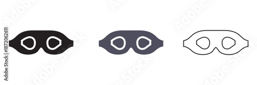 Sleep Mask Icons in Minimal Flat Design. Minimal vector illustration of three sleep masks in black, colour and white, representing rest, travel, and relaxation concepts.

