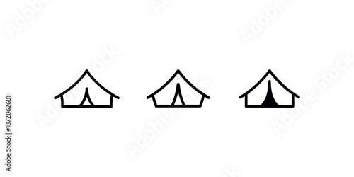 Set of outline icons representing camping tents for outdoor recreation and adventure concept