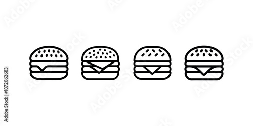 Four different styles of cheeseburger icons in thin line art for fast food menus and restaurants