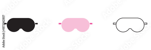 Sleep Mask Icons in Minimal Flat Design. Minimal vector illustration of three sleep masks in black, colour and white, representing rest, travel, and relaxation concepts.

