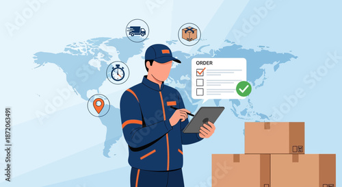 Delivery service employee checking orders and managing logistics across the globe