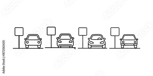 Four simple front view line icons of cars parked next to informational signs