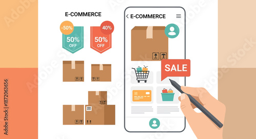 E-commerce mobile app interface showcasing online shopping sales and delivery with boxes