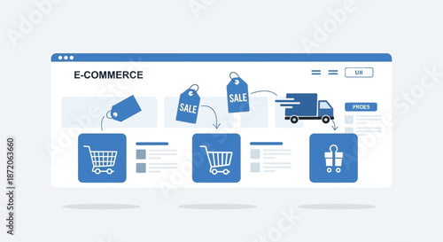 E-commerce platform displaying online shopping process with transportation steps represented by