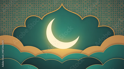 Ramadan background with crescent moon and clouds in green and gold colors for islamic celebrations and holy month of ramadan kareem with Eid