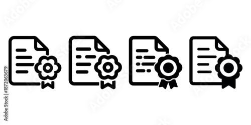 Four variations of certificate document icons decorated with different seal badges