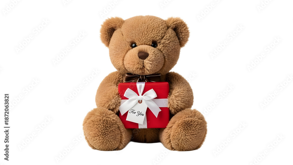 Obraz premium A cute brown teddy bear holding a red gift box with a white bow on transparent background